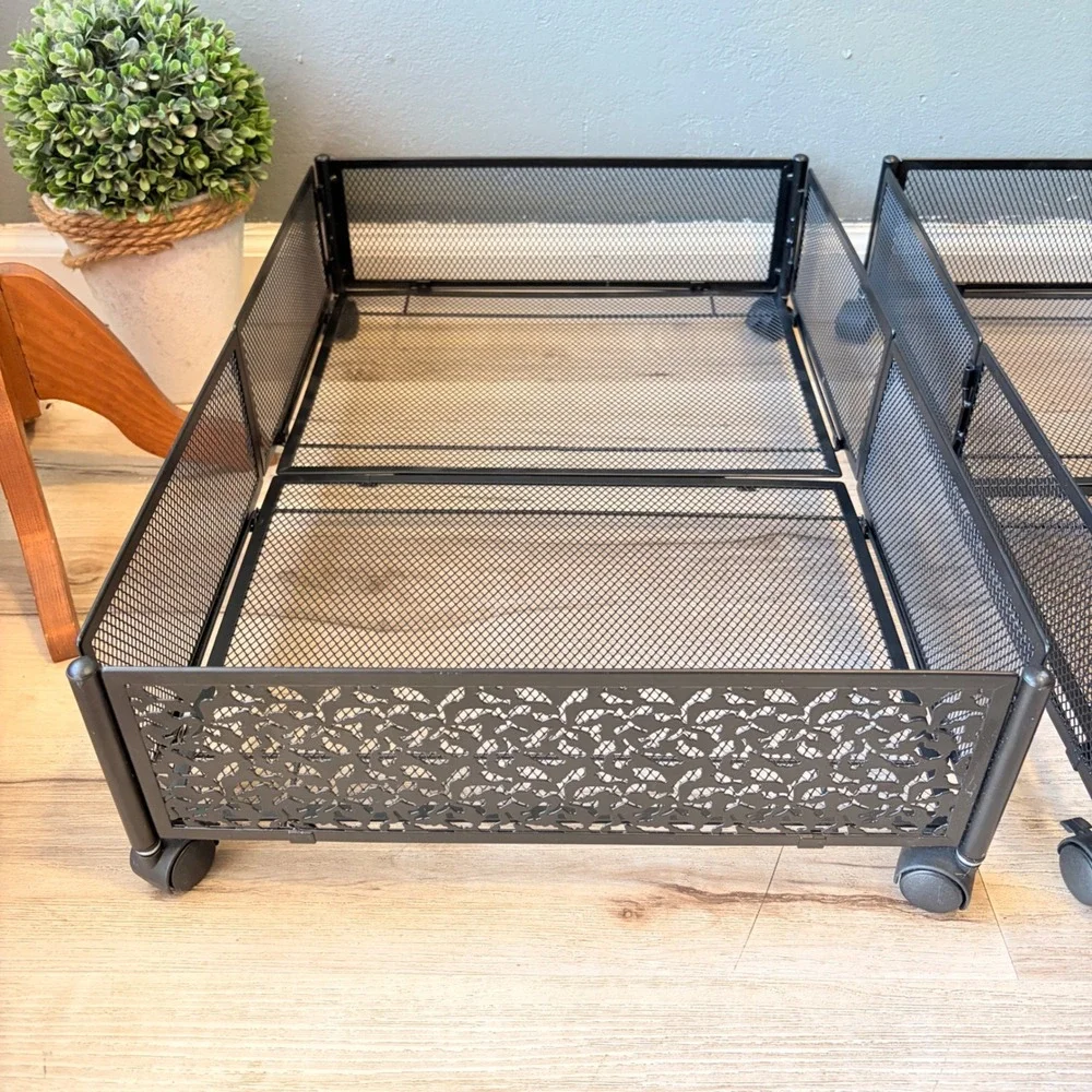2 Black Metal Mesh Rolling Underbed Storage Bins Bird Leaf Design Foldable